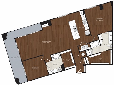 Floor plan for 2 beds, 2 baths, 1682 sqft